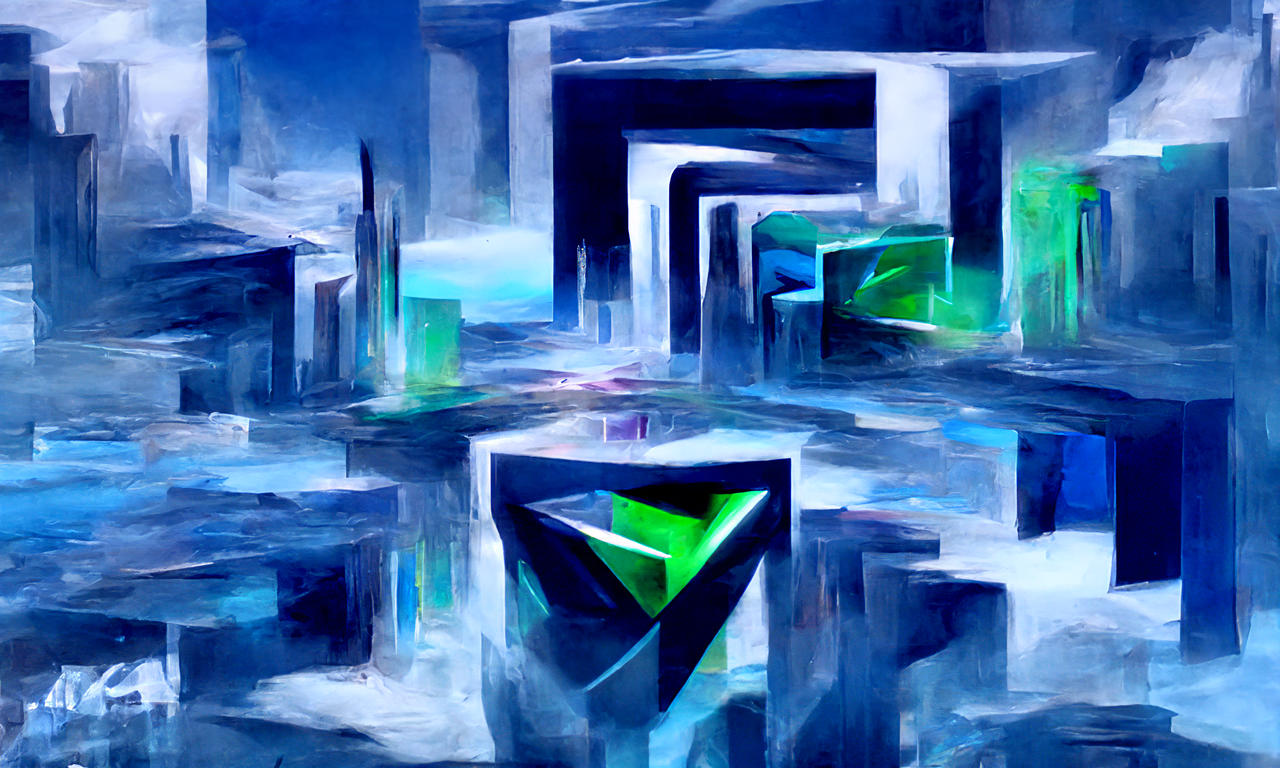 Designed by GPT-3: The artwork is based off of the passage's idea of innovation in artificial intelligence. It is a digital piece, with a futuristic and abstract feel. The colors are mainly blues, greens, and whites, and the shapes are sleek and geometric.